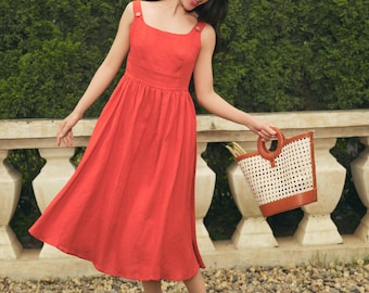 Red Linen Dress Women, Pleated Linen Midi Dress With Square Neck & Smocked Back, Casual Summer Linen Dress With Buttons Detail, Outfit Ideas