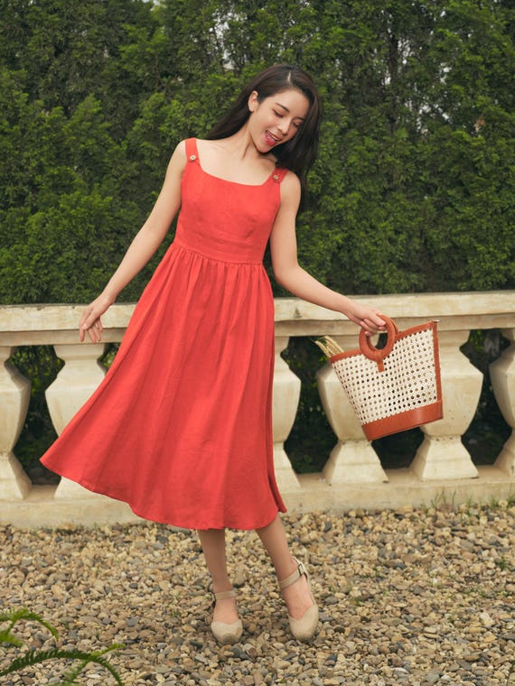 Red Linen Dress Women, Pleated Linen Midi Dress With Square Neck & Smocked  Back, Casual Summer Linen Dress With Buttons Detail, Outfit Ideas