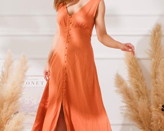 Linen Dress for Women, V-neck Linen Dress with Slit Skirt, Flower Embroidered Dress hem, Summer Linen Maxi Dress, Salmon Orange Linen Dress