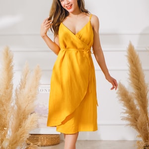 Adjustable straps summer linen dress, Wrap Linen Dress, Linen Spaghetti Strap Dress, Summer Linen Dress, Casual Linen Dress, Plus Size Dress