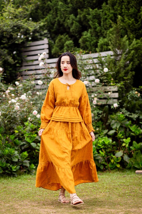 Elegant Linen Two Piece Set, Womens Linen Dress With Maxi Skirt And Peplum Blouse, Long Summer Linen Dress Outfit, Casual Linen Clothing