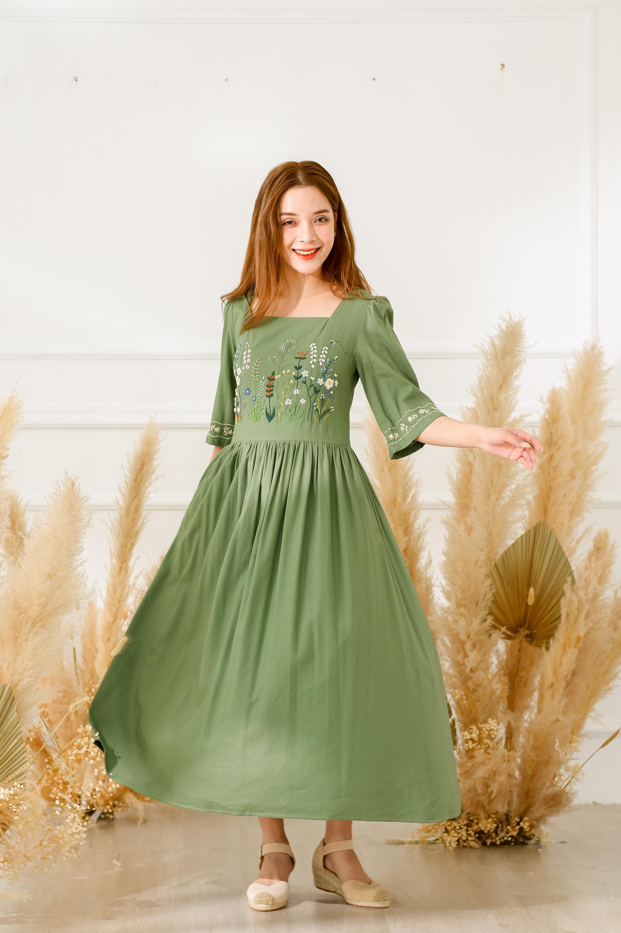White Linen Square Neck Dress main image 1