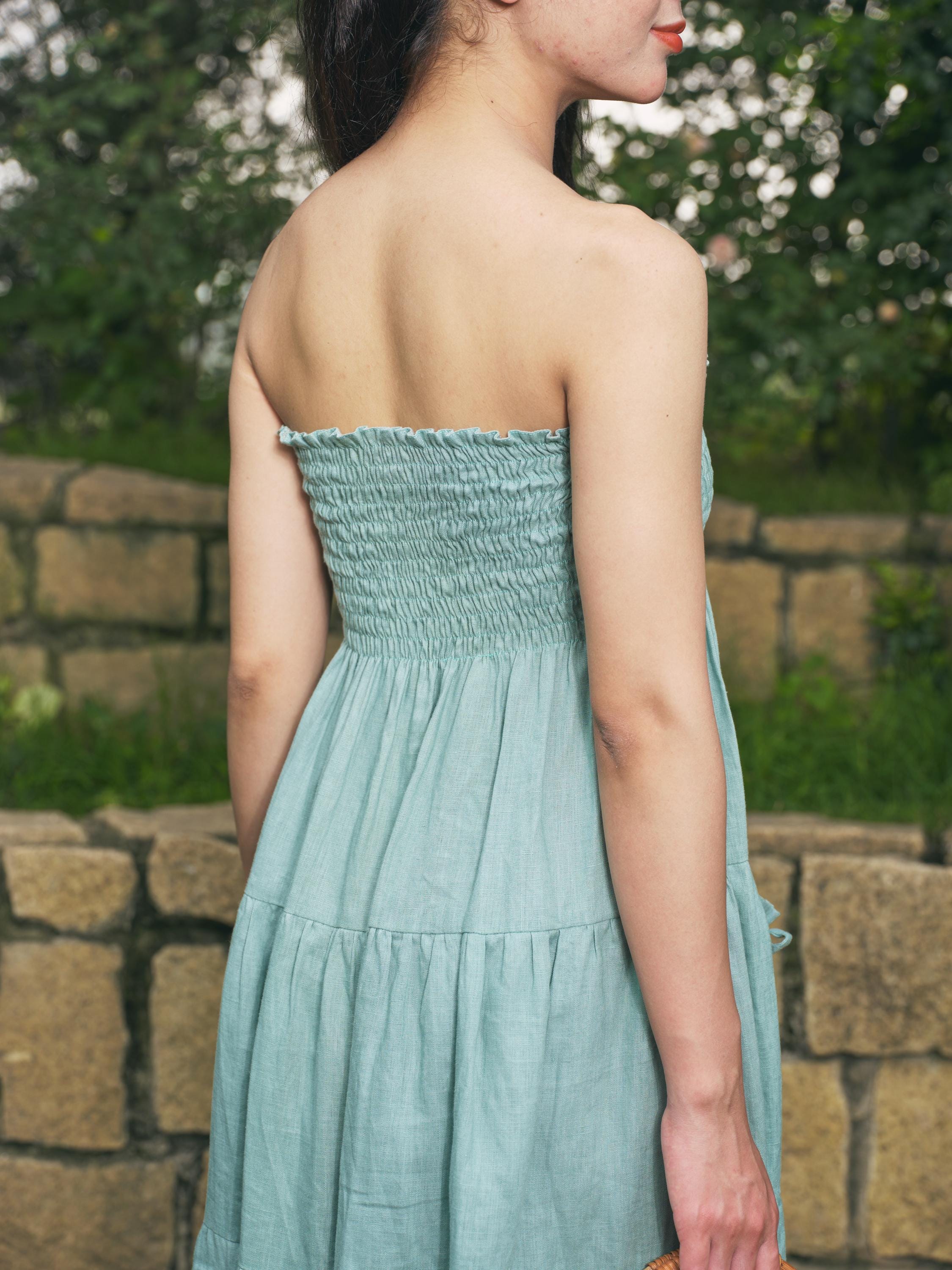 Mint Green Strapless Smocked Linen Dress For Womens, Long Linen Dress With Tiered Skirt And Bow Pockets, Summer Linen Outfit, Gift For Her