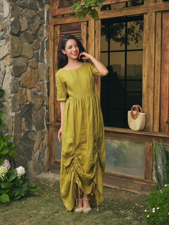 Elegant Green Linen Maxi Dress For Women, Flutter Sleeve V Neck Dress With Pockets & Buttons, Cut Out Back Dress With Tie Bow, Summer Dress Elegant Green Linen Maxi Dress For Women, Flutter Sleeve V Neck Dress With Pockets & Buttons, Cut Out Back Dress With Tie Bow, Summer Dress