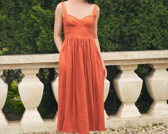 Terracotta Sleevess Linen Dress For Women, Smocked Back Casual Linen Midi Dress With Pockets, Elegant Summer Linen Dress, Best Gift For Her