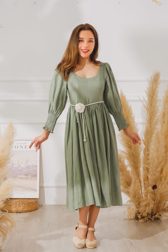green smocked dress women Mint Linen With Square Neck and Long Puff Sleeve, Linen Midi Dress With Back and Belt, Outfit for Summer, Gift Her Puff sleeves