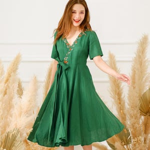 Linen Dress for Women, Linen Wrap Dress, Flower Embroidery Linen Dress, Summer Midi Dress, Plus Size Linen Clothing, Wrap Dress Romantic