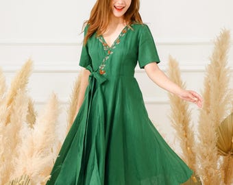 Linen Dress for Women, Linen Wrap Dress, Flower Embroidery Linen Dress, Summer Midi Dress, Plus Size Linen Clothing, Wrap Dress Romantic