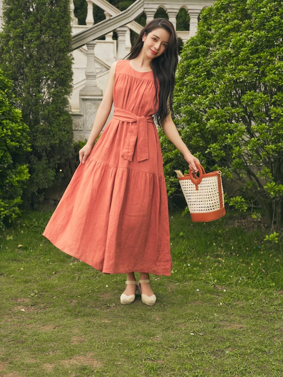 best lining for linen dress Long Linen Dress BORACAY in Teal blue