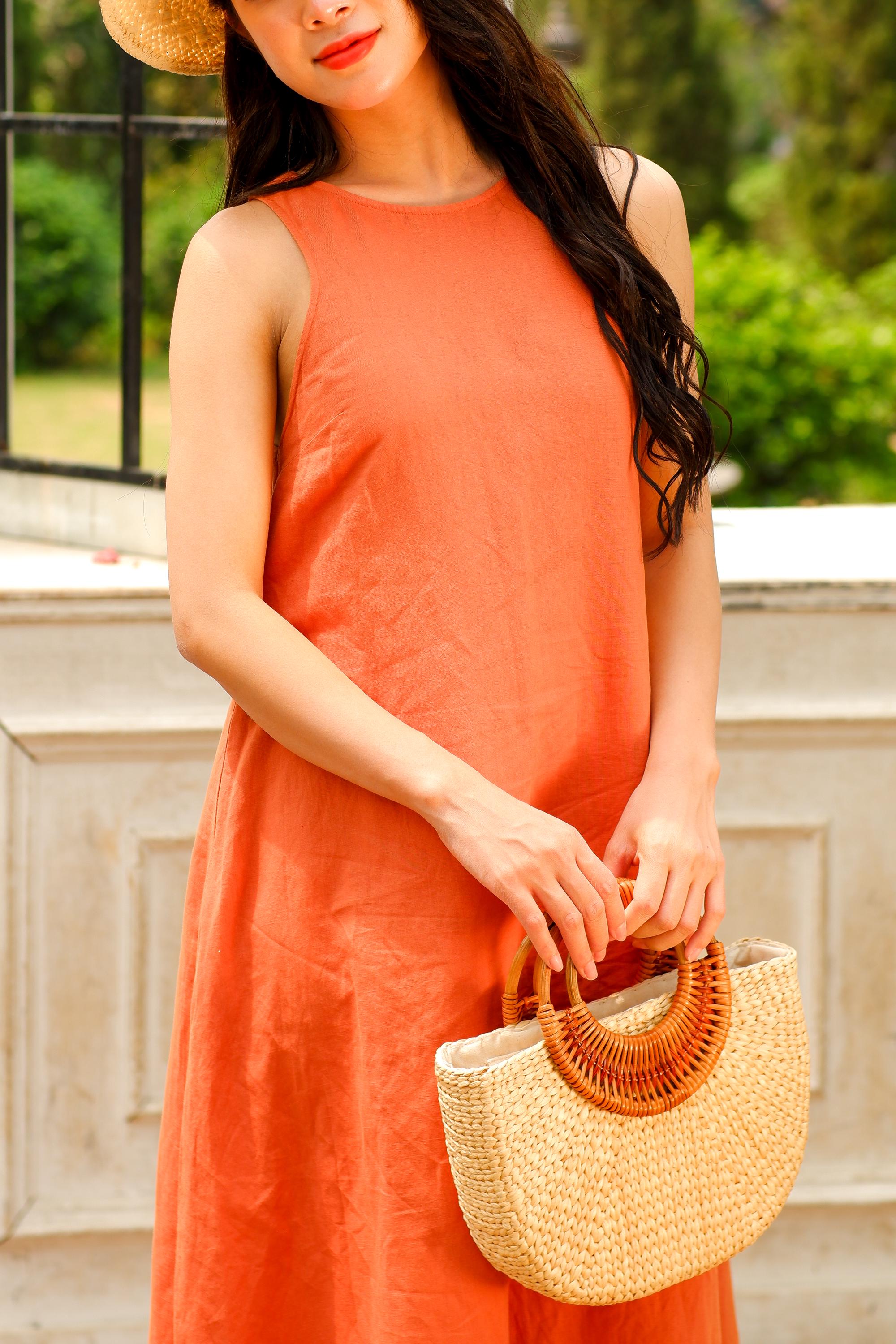 Rusty Orange Maxi Dress, Linen Kaftan Dress, Womens Clothing Summer Dresses, Orange Linen Loose Sleeveless Dress, Simple Linen Dress