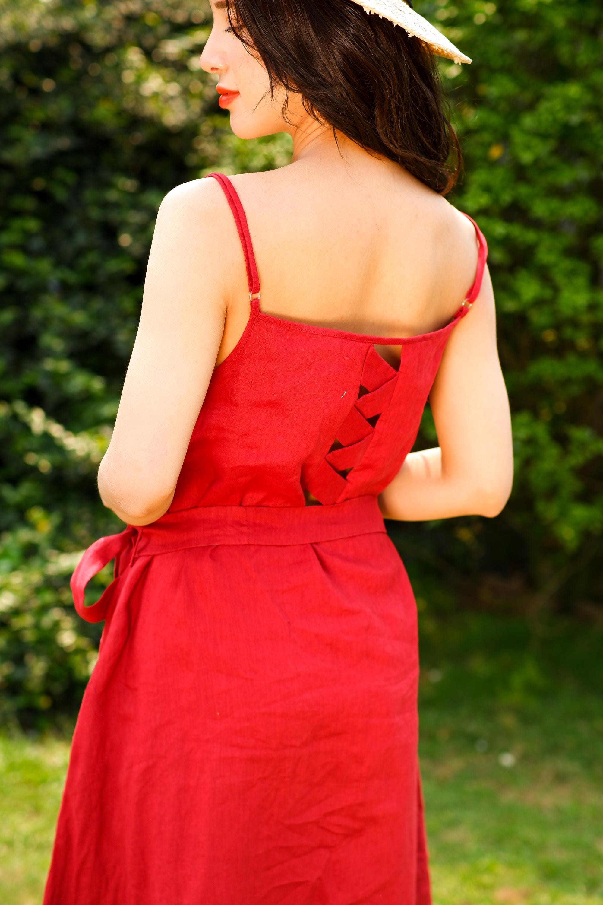 red linen spaghetti strap dress Kristi Linen Dress