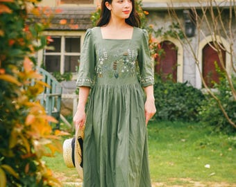Square Neck Puff Sleeve Dress, Handmade Embroidered Maxi Dress, Green Dress Long Sleeve Embroidered Flowers Front, Linen Dress For Beach