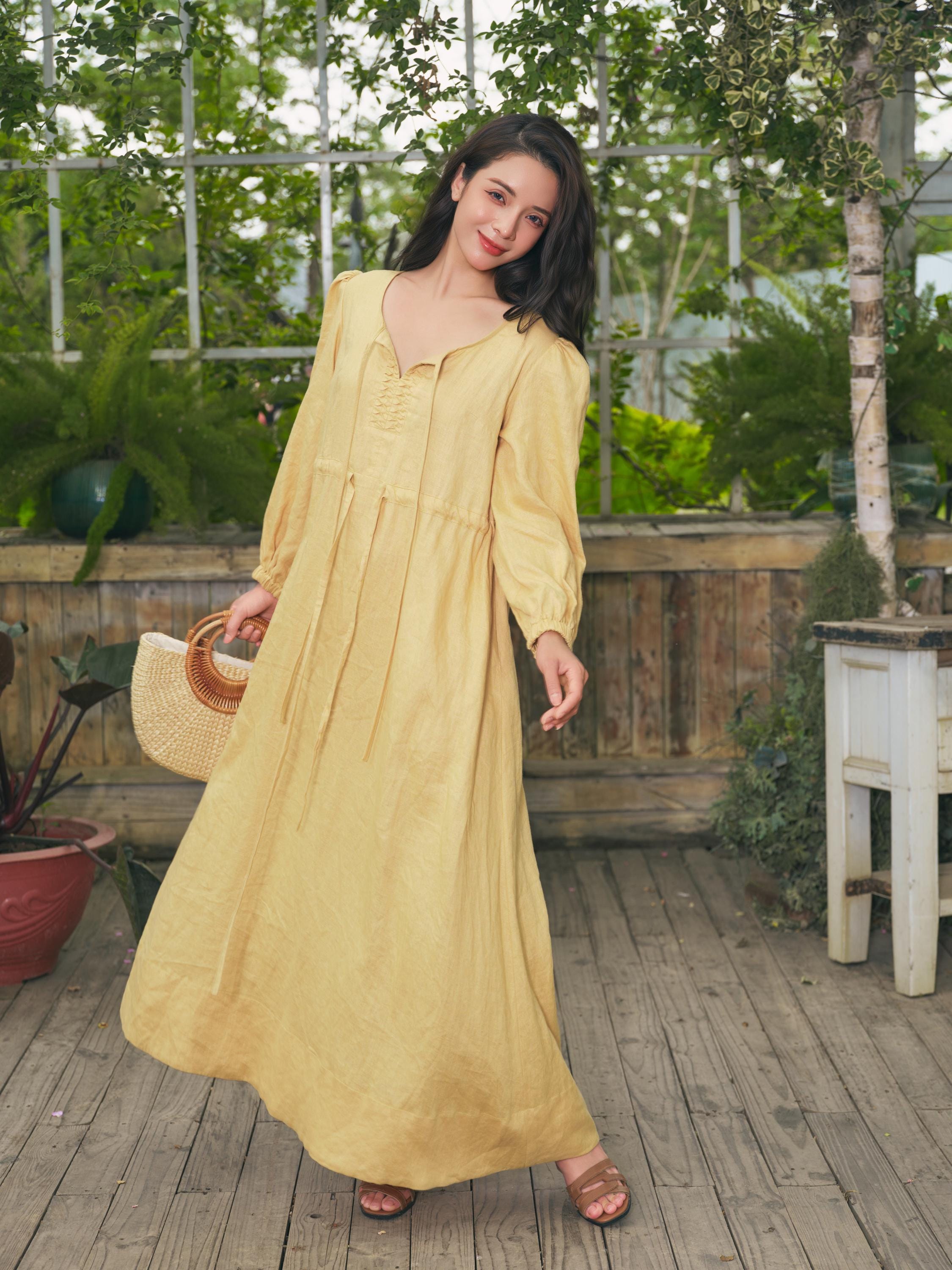 long sleeve long yellow dress Yellow Chiffon Long Sleeve Pleated Maxi Dress PinkBlush