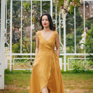 Yellow Linen Midi Dress Women, Sleeveless Wrap V Neck Dress With Buttons And Waist Tie, Flowy Summer Linen Outfit Casual, Gift Dress For Her