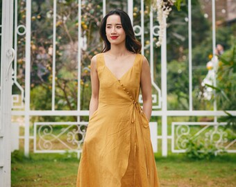yellow linen dress for women Yellow linen dress with pockets. Minimalist style sustainable ruffle dresses   MinimalisticLinen