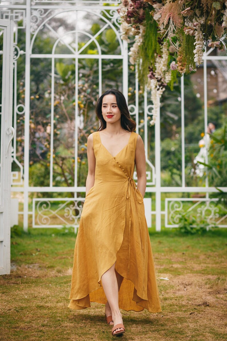 Yellow Linen Midi Dress Women, Sleeveless Wrap V Neck Dress With Buttons And Waist Tie, Flowy Summer Linen Outfit Casual, Gift Dress For Her