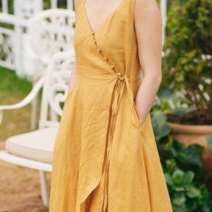 Yellow Linen Midi Dress Women, Sleeveless Wrap V Neck Dress With Buttons And Waist Tie, Flowy Summer Linen Outfit Casual, Gift Dress For Her