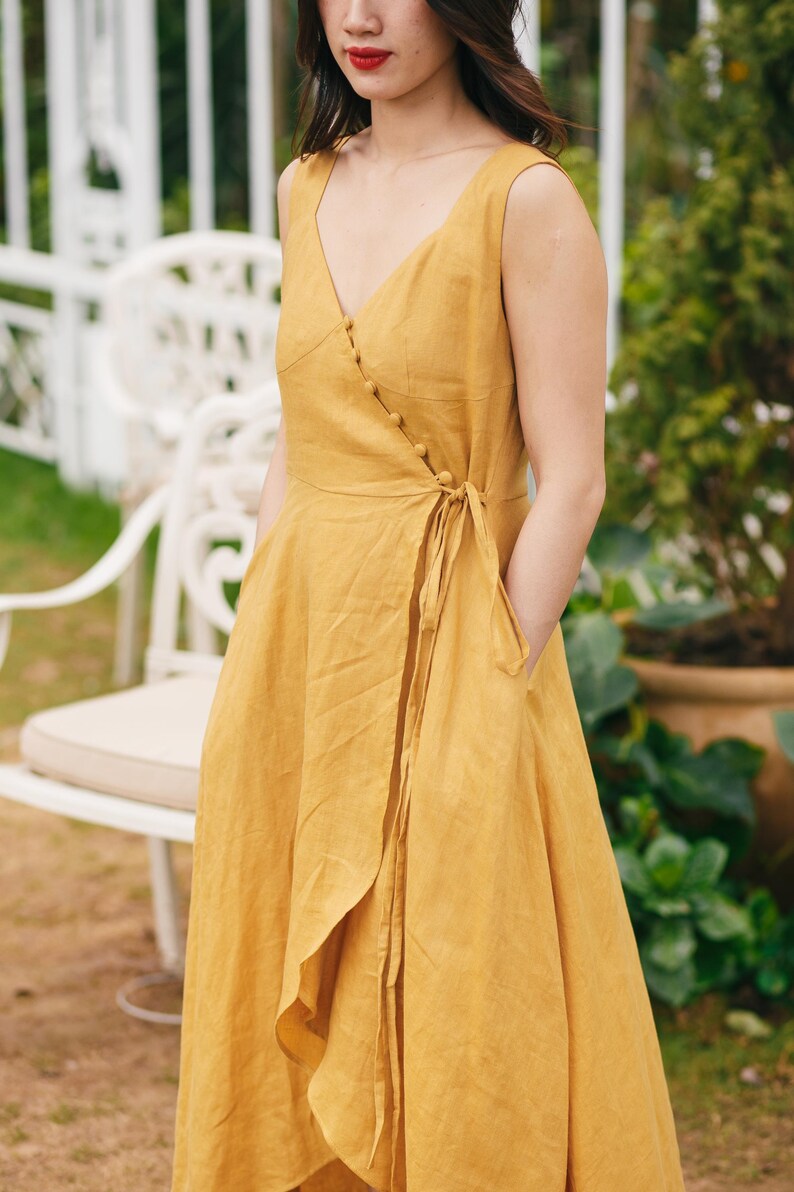 Yellow Linen Midi Dress Women, Sleeveless Wrap V Neck Dress With Buttons And Waist Tie, Flowy Summer Linen Outfit Casual, Gift Dress For Her