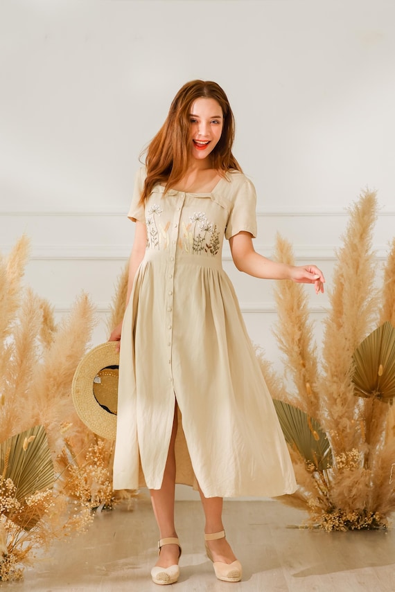 Linen Dress Women Beige with Pockets and Wildflowers Embroidered, Button Front Midi Dress with Smocked Back & Corset Tie Back, Unique Outfit