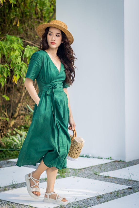 dark green wrap midi dress Dani Black and Green Floral Print Wrap Midi Dress