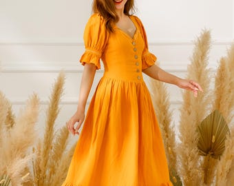 orange dress with buttons Bright Orange Midi Dress - Button Side Dress - Slit Midi Dress