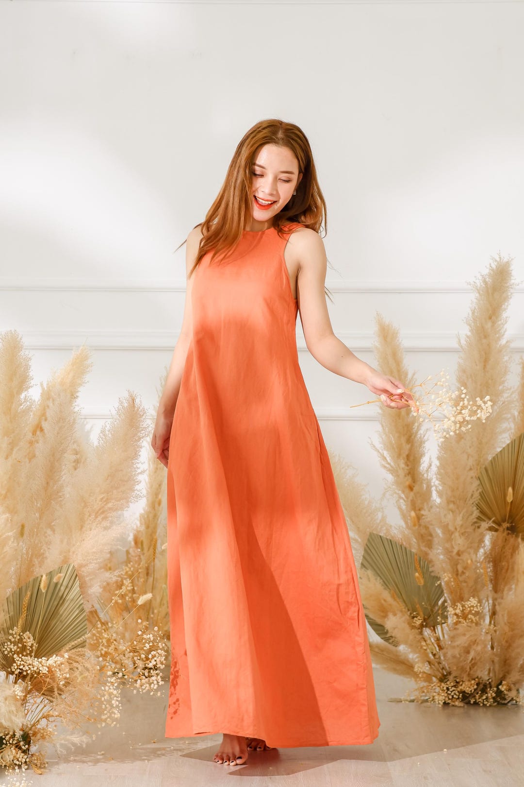 orange linen dresses Linen Draped Maxi Dress