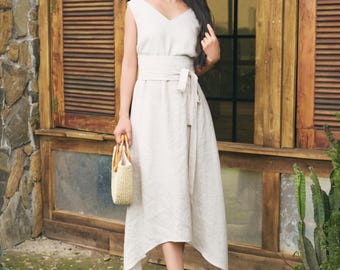 Beige Linen Maxi Dress Women, V Neck Asymmetric Hem Dress, Belted Waist Linen Summer Outfit, Rustic Elegant Linen Vacation Wear, Gift Her