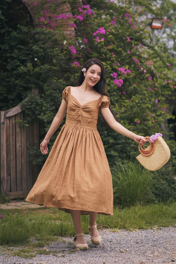 chinese dress ladies Mariakinz Woven Cotton Linen Summer Casual Knee Length Dress Blue main image 0