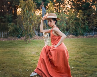 Pink Linen Maxi Dress Women, Sleeveless Casual Summer Linen Outfit, Round Neck Loose Fit Linen Long Dress, Comfortable Flowy Style Clothing