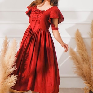 Maxi Linen Dress With Stylized Sleeves and Pockets Women, Midi Linen Dress, Cottagecore Linen Dress, Puffy Short Sleeves Dress, Party Dress