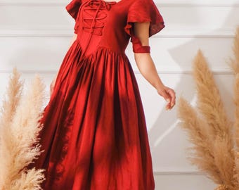 Maxi Linen Dress With Stylized Sleeves and Pockets Women, Midi Linen Dress, Cottagecore Linen Dress, Puffy Short Sleeves Dress, Party Dress