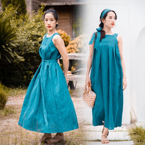 comfort linen maxi dress Linen Double Wrap Maxi Dress, Purple Wrap Dress with Pockets, Linen Dress for Women, Boho Linen Clothing, Handmade Bridesmaid Dress, 2XL / Blue Green