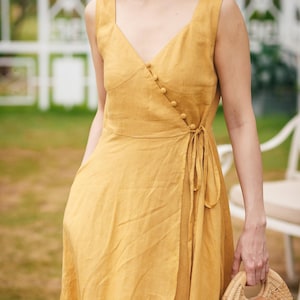 Yellow Linen Midi Dress Women, Sleeveless Wrap V Neck Dress With Buttons And Waist Tie, Flowy Summer Linen Outfit Casual, Gift Dress For Her
