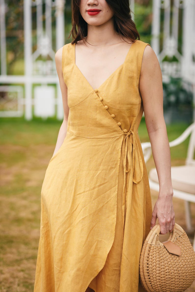 Yellow Linen Midi Dress Women, Sleeveless Wrap V Neck Dress With Buttons And Waist Tie, Flowy Summer Linen Outfit Casual, Gift Dress For Her