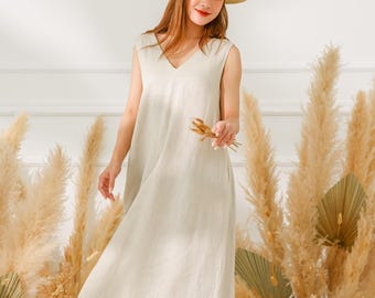 Beige Linen Maxi Dress Women, V Neck Asymmetric Hem Dress, Belted Waist Linen Summer Outfit, Rustic Elegant Linen Vacation Wear, Gift Her