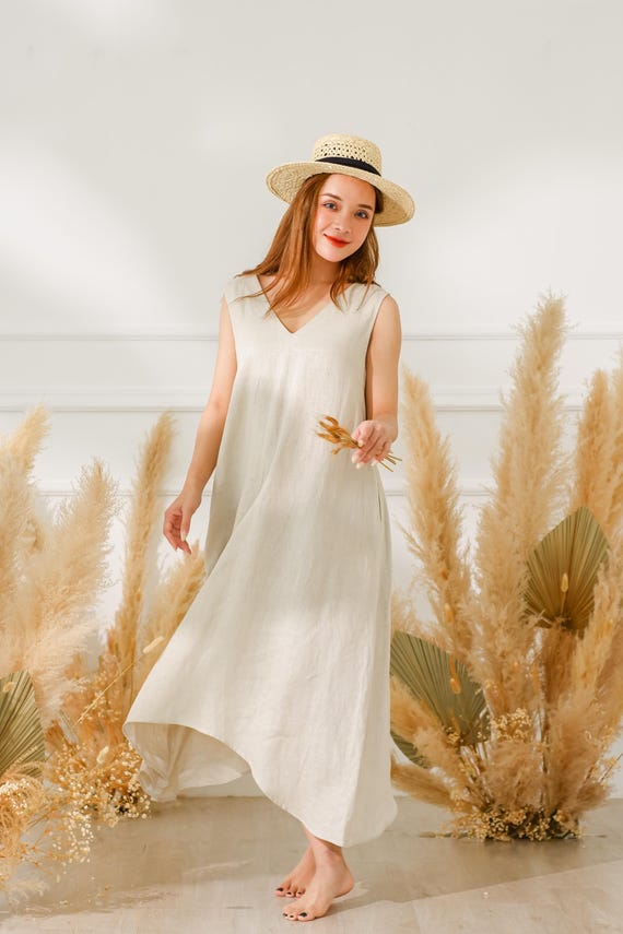 linen beige dress women Maxi Women, V Neck Asymmetric Hem Dress, Belted Waist Linen Summer Outfit, Rustic Elegant Linen Vacation Wear, Gift Her Size:Regular 8 (M) Juliet JT2638G Floral Applique june24_antecipação;BLUE FLOWER offering breathability and a