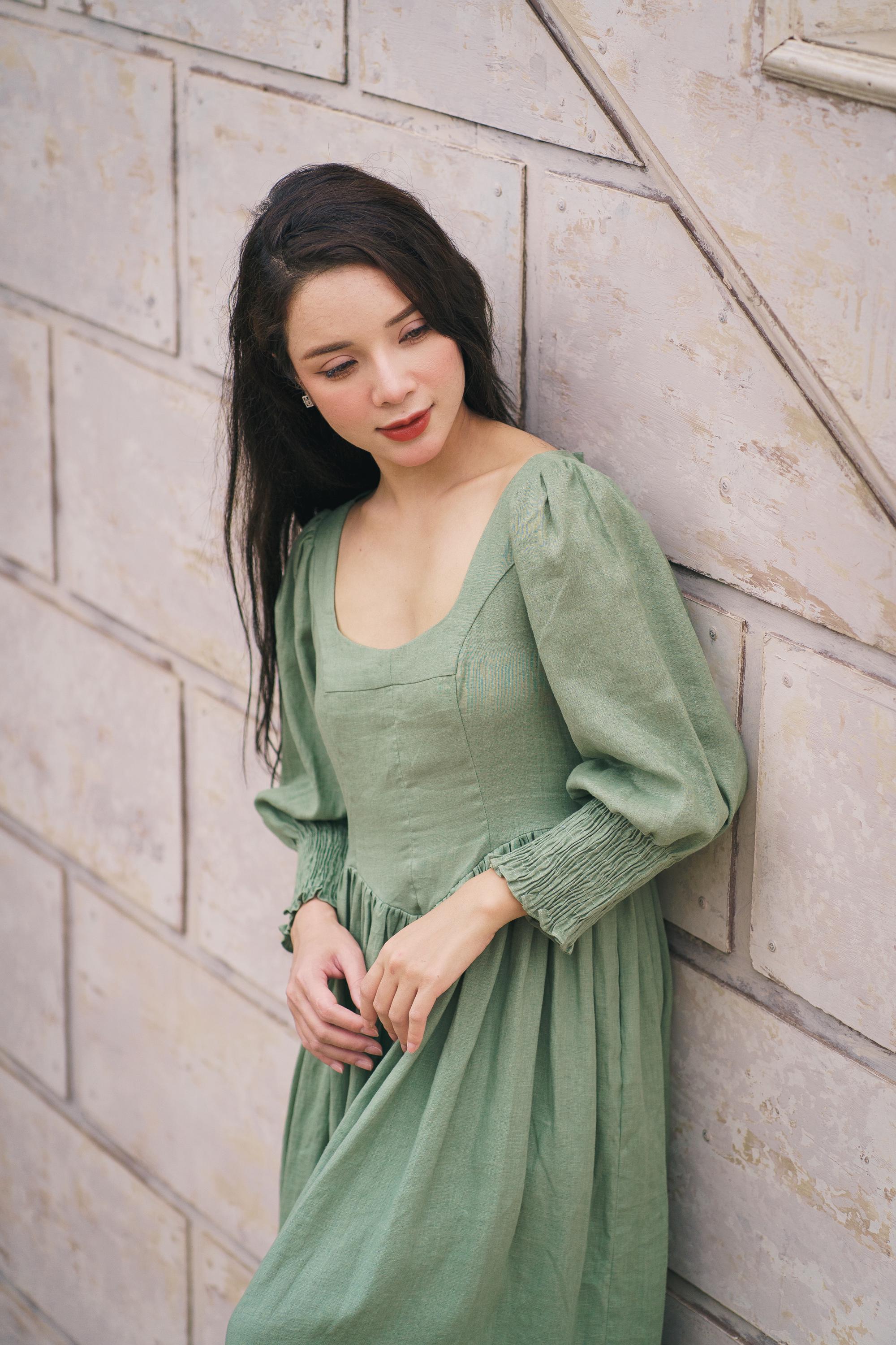 slim fit dress slacks Darling Linen Maxi Dress / Sage | Meshki main image 1