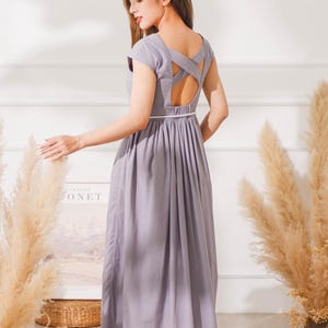 Plain Linen Dress with Crisscross Back, Midi Linen Dress, Linen Dress with Pockets, Organic Cotton Dress, Dress For Women, Natural Fabric