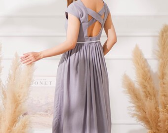 Plain Linen Dress with Crisscross Back, Midi Linen Dress, Linen Dress with Pockets, Organic Cotton Dress, Dress For Women, Natural Fabric