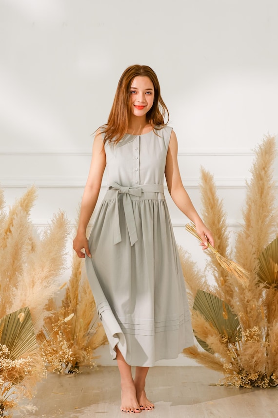 Linen Dress Women Silver Gray, Linen Maxi Dress With Round Neck and Button,  Sleeveless Dress With Waist Tie and Pleated Skirt, Summer Outfit - Etsy  Ireland