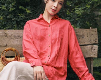 Women Linen Two Piece Set With Red Button Shirt And White Wide Leg Pants, Casual Summer Set For Work And Everyday Style, Gift Dress For Her