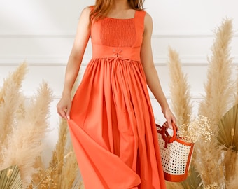 orange linen dresses for women Rusty Orange Maxi Dress, Linen Kaftan Dress, Womens Clothing Summer Dresses,  Orange Linen Loose Sleeveless Dress, Simple Linen Dress