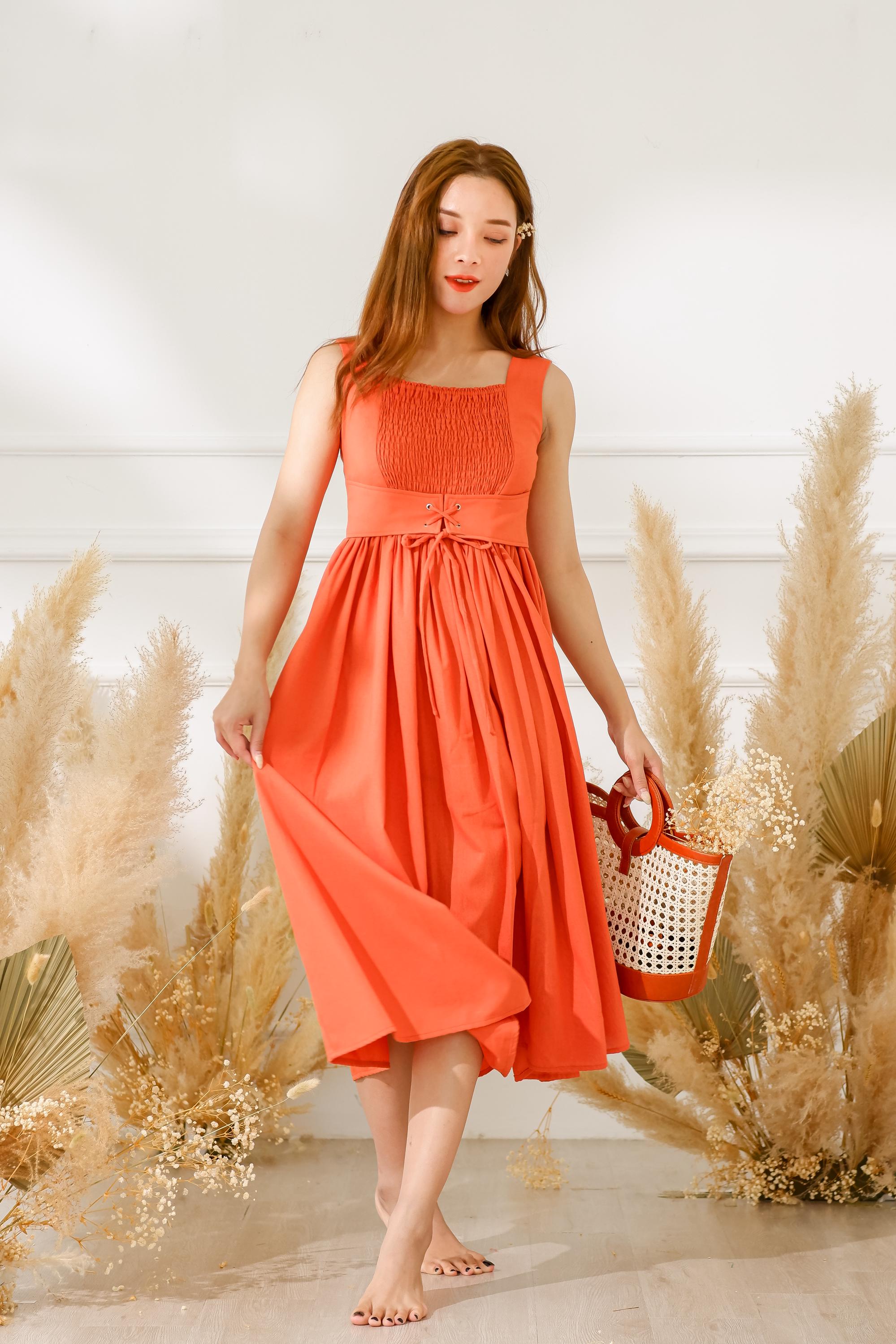 orange linen dress ZARA WOMAN SS23 LINEN BLEND MIDI DRESS DARK ORANGE 4786/293