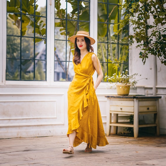 yellow flowy summer dress Wrap Linen Women, Sleeveless Wrap V Neck Dress, Casual Linen Long Dress, Elegant Linen Dress, Best Outfit for Her floral yellow sundress
