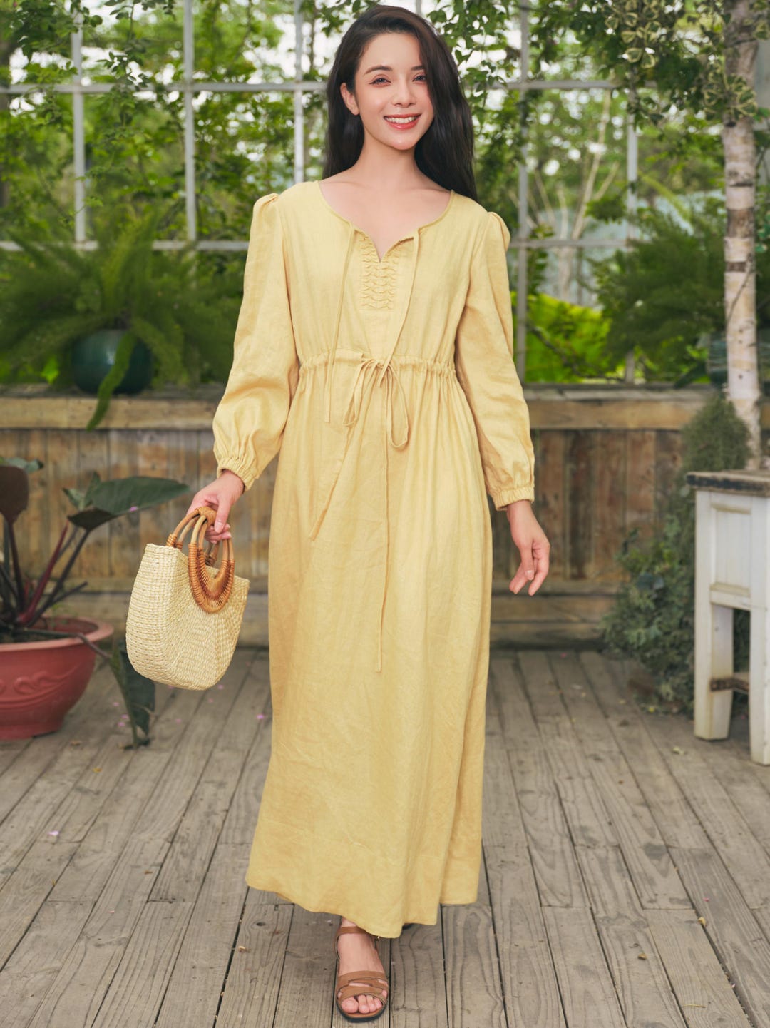Pastel Yellow Linen Dress Women, Long Sleeve Maxi Linen Dress with Tie Front and Drawstring Waist, Open Back Bow Dress Maxi, Romantic Outfit