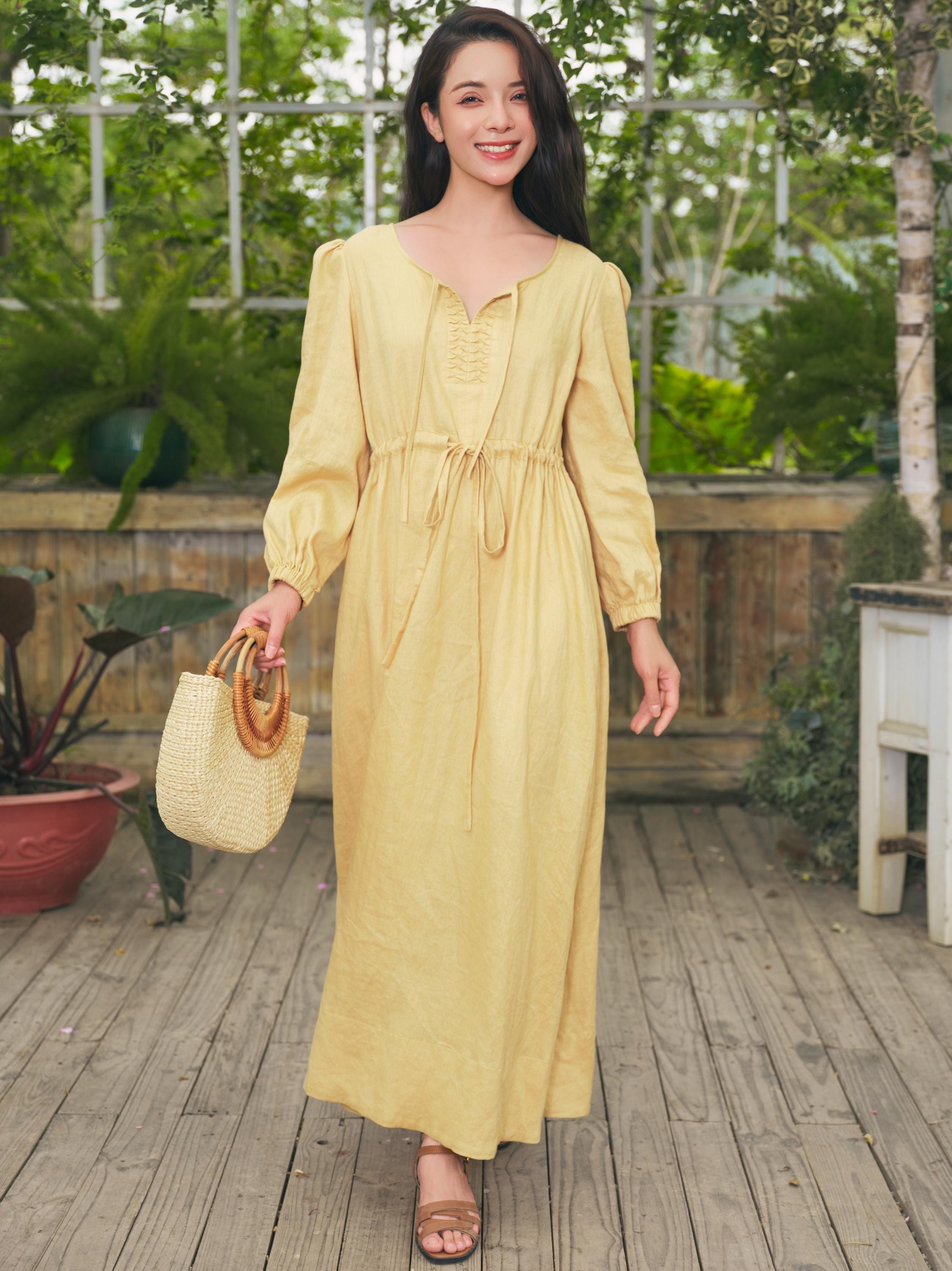 Pastel Yellow Linen Dress Women, Long Sleeve Maxi Linen Dress with Tie Front and Drawstring Waist, Open Back Bow Dress Maxi, Romantic Outfit