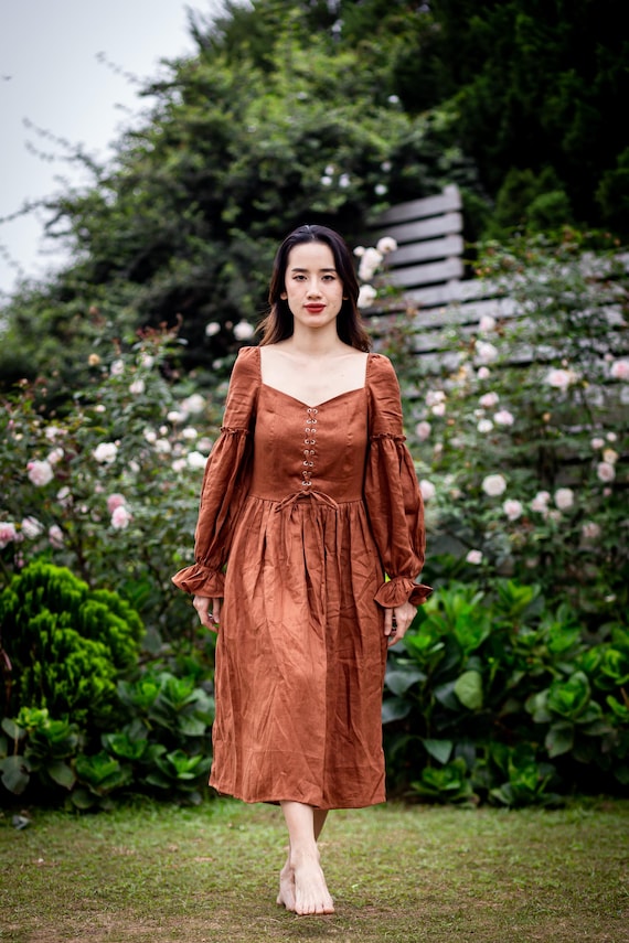 womens brown linen dress Linen Midi Dress Women, Brown Vintage Linen Dress With Square Neck & Puff Long Sleeves, Elegant A Line Linen Dress With Knit Straps For Gift