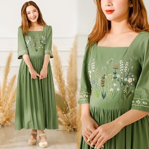 Vestido de linho com gola quadrada, vestido de linho com bordado de flores silvestres, vestido longo de linho, vestido cottagecore, vestido de linho de verão, vestido de linho plissado