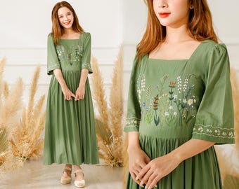 Linen Square Neck Dress, Wildflowers Embroidered Linen Dress, Maxi Linen Dress, Cottagecore Dress, Summer Linen Dress, Pleated Linen Dress