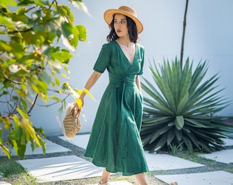 Linen Wrap Dress With Pockets  Short Sleeve Midi Dress in Deep Green   Boho Wedding Guest Outfit  Vacation Fall Fashion Clothing BOHOL - Etsy
